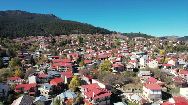 Samarina Village in Grevena Greece, Aerial Dolly Panoramic View of Traditional Mountain Town