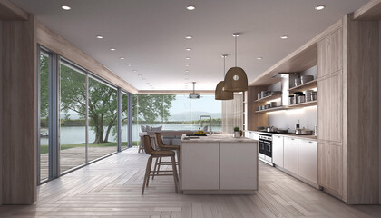 Modern Kitchen Interior with Island and Full Height Window Lake View