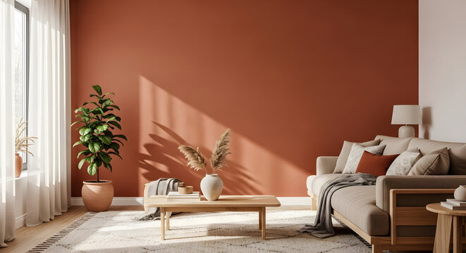 Cozy living room featuring a warm terracotta wall color palette with a comfortable sofa and wooden coffee table, bathed in soft sunlight