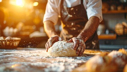 Baker kneading dough with passion with artisan bread making in rustic bakery with sunlight.
