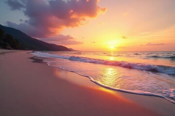 A tranquil, empty beach at sunset; serene waves gently lapping the shore, peaceful sky Perfect for meditation, relaxation, or mindfulness themes , uninhabited, escape