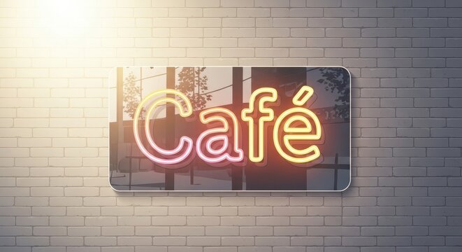 Illuminated sign displaying stylized lettering is mounted on a textured exterior brick wall