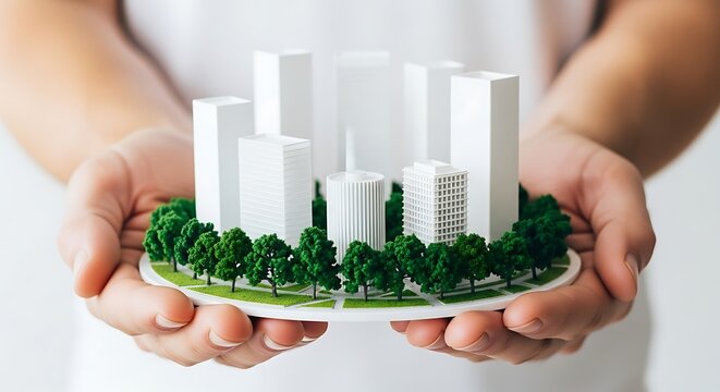 Sustainable city planning in caring hands showcasing green architecture for eco-friendly urban development and responsible corporate social responsibility projects
