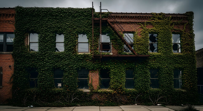 Abandoned Building Covered in Green Ivy