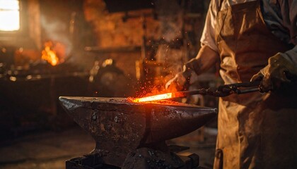 Blacksmith at Work Hammering RedHot Metal on Anvil with Sparking in Forge Workshop.
