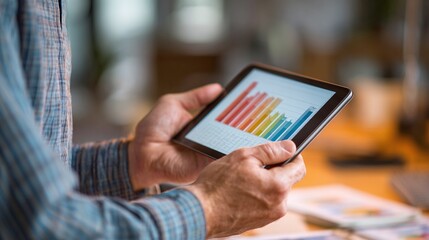 Man reviewing vibrant business data on a tablet, analyzing market trends and financial growth for strategic planning and investment decisions indoors