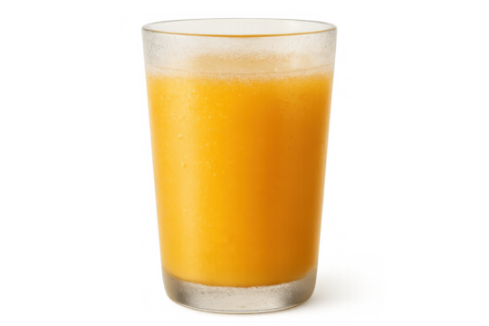 Refreshing glass of fresh natural orange juice, healthy cold fruit citrus beverage for breakfast, transparent background