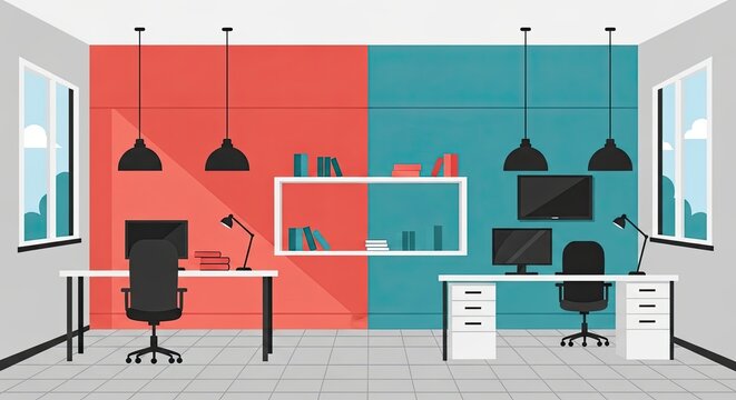 Office interior with desks, chairs, computers, lamps, windows, and overhead lighting, divided by color.