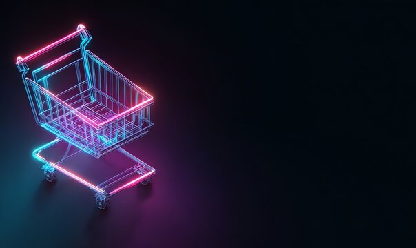 Neon Shopping Cart on Dark Background