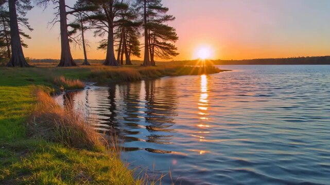 Sunset natural scenery in the lakeside woods