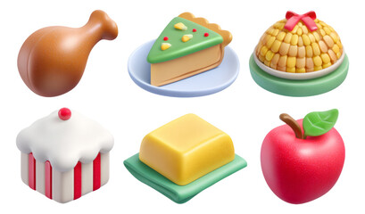 Colorful 3D Illustration of Classic Food Items on Transparent Background