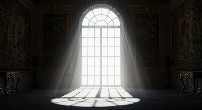 Window lit with mysterious white light in a spooky room built in baroque style.