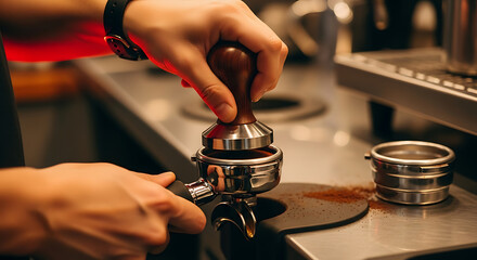 Barista tamping freshly ground coffee into a portafilter for espresso. Professional coffee preparation process in cafe.