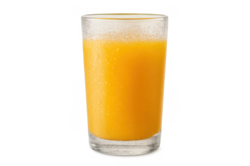 Glass of cold fruit juice, vibrant orange color, showing condensation on its surface. Healthy and refreshing drink