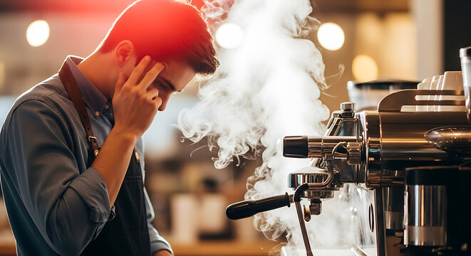 Stressed barista with hand on head, facing problem with steaming espresso machine in cafe