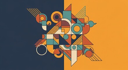 Obraz premium Abstract geometric composition with triangles, circles, and rectangles on split background.