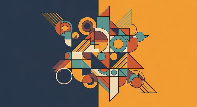 Abstract geometric composition with triangles, circles, and rectangles on split background.