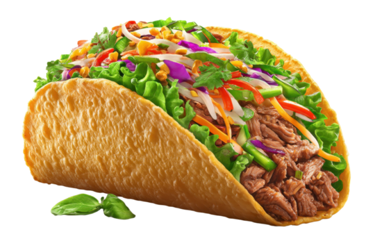 Gourmet taco loaded with shredded beef, vegetables, and fresh herbs