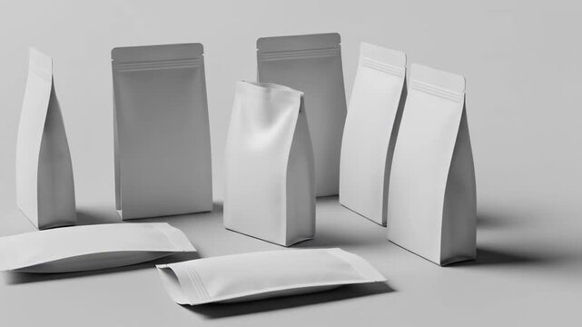 White, blank, sealed pouches for food and product packaging mockups