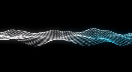 Abstract digital particle wave in blue and white on black background for modern technology concept