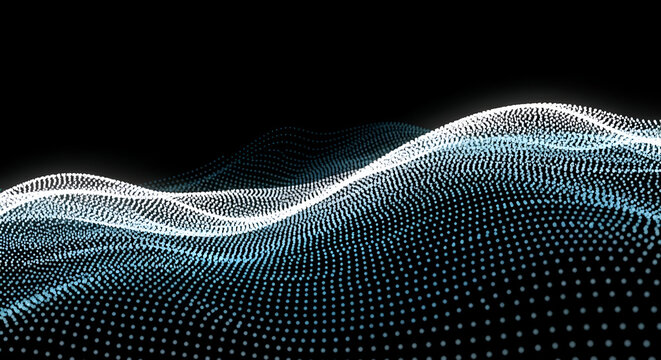Abstract digital wave with flowing particles on black background, technology illustration