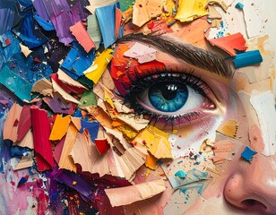 Close-up of a blue eye with vibrant abstract color palette