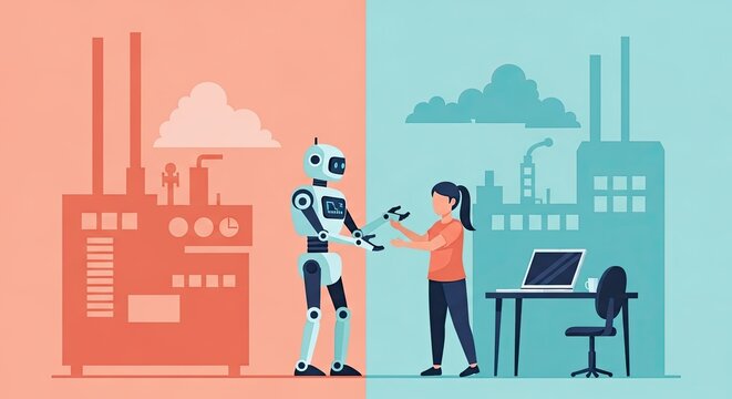 A robot hands a tool to a woman, symbolizing the collaboration between AI and humans in modern industry.