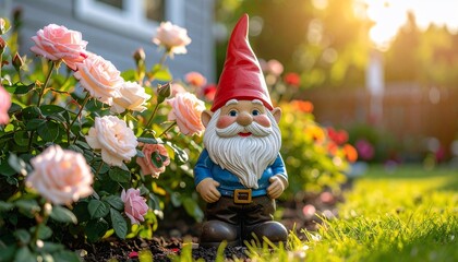 Charming Garden Gnome Amidst Roses with Golden Hour Sunlight, and Suburban Backyard Scene.