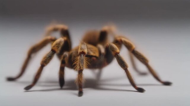 A close-up, detailed shot of a brown, hairy tarantula spider with a blurred background.