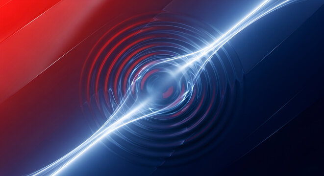 Dynamic energy trails crossing with a red and blue split background abstract