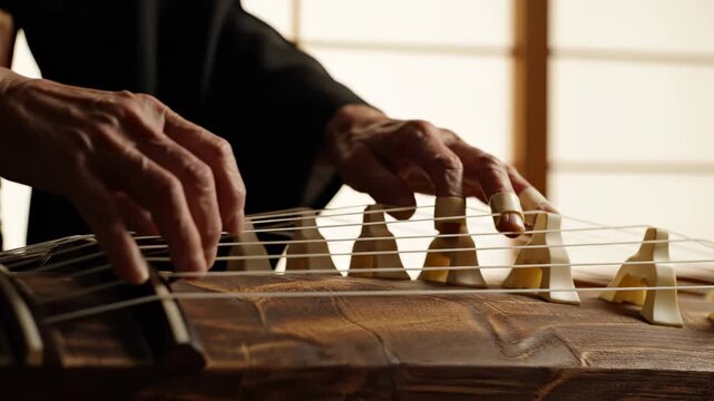 Close-up of hands playing a traditional Japanese koto instrument, showcasing cultural music performance.