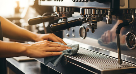 Barista's hands meticulously cleaning a professional espresso machine in a cafe, ensuring hygiene and maintenance.