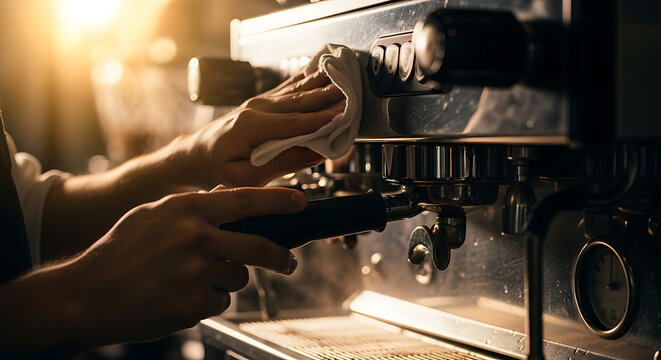 Barista Cleaning Espresso Machine in Cafe: Professional Coffee Preparation with Warm Light - Powered by Adobe