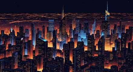 Dense metropolitan skyline radiates vibrant artificial light against a dark night sky