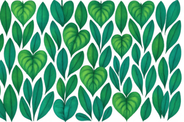 Green tropical foliage pattern creating a seamless background with heart-shaped leaves on transparent background