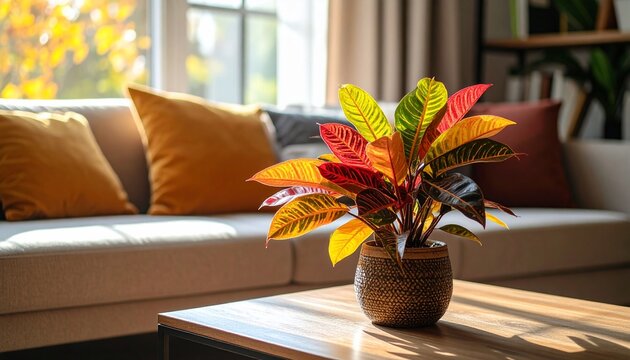 Colorful Croton plant on a wooden table in a cozy living room setting with daytime.