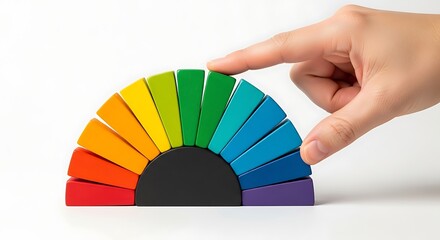 Vibrant rainbow arc with playful human touch offers hope and unity, ideal for diversity campaigns and educational content, promoting positivity and inclusion