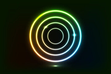 Glowing neon rings in a gradient of green, yellow, and blue against a black background. Abstract, futuristic, and vibrant design.