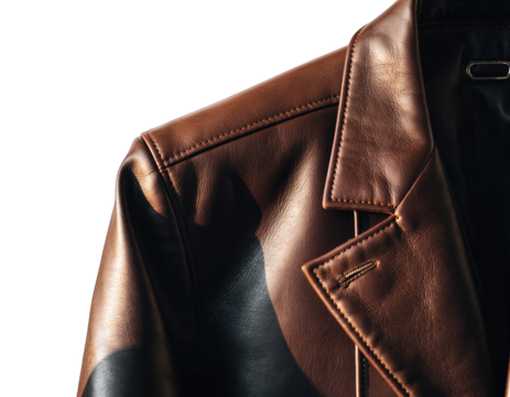 Close-up Of A Brown Leather Jacket With A Sparkly Texture Isolated On A Black Background With A Hint Of White Sparkles Visible On The Lapel And Shoulder Detail