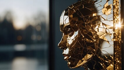 Ultra-realistic 8K cinematic close-up of a traditional mask broken and mended with gold Kintsugi seams, half in shadow under dramatic studio lighting, highlighting facial contours and cultural.