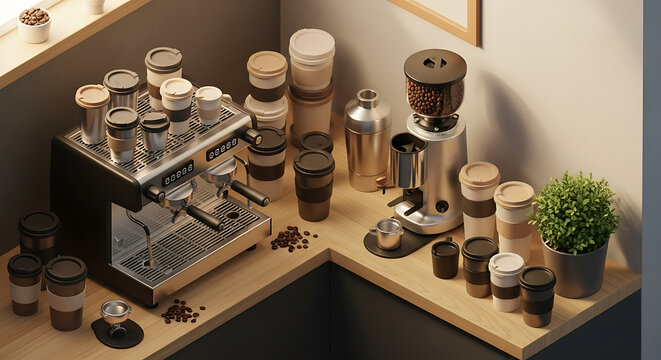 Coffee Shop Corner with Espresso Machine, Grinder, and Diverse Coffee Cups on a Wooden Countertop