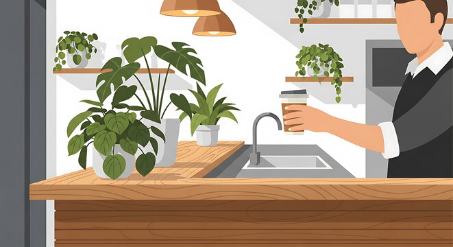 Man holding coffee at a modern cafe counter with green plants, cozy interior design