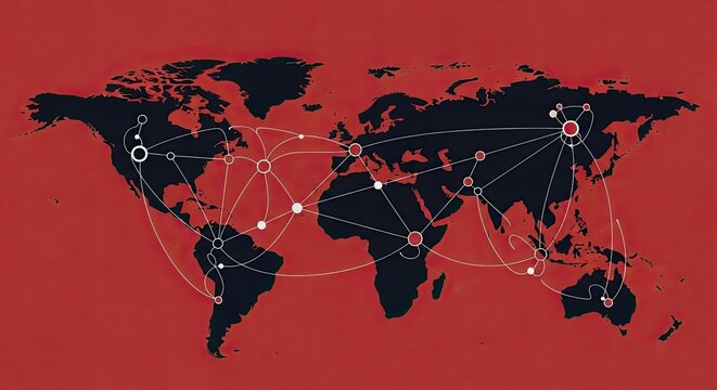 World map with interconnected nodes and lines on a red background. - Powered by Adobe