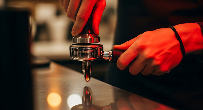 Professional barista tamping fresh ground coffee in portafilter for espresso, dramatic red light ambiance
