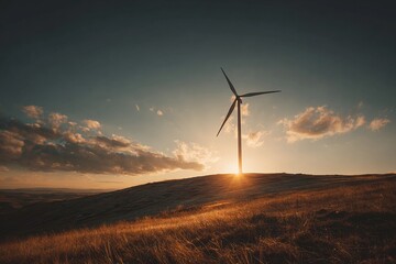 Stunning windmill at sunset on grassy hill symbolizes renewable energy and sustainability for a greener future, evoking peace and environmental awareness
