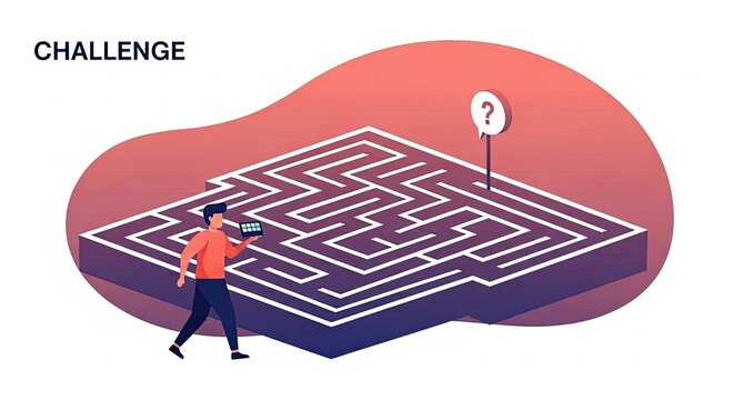 A person holding a magnifying glass stands at the entrance of a complex maze, symbolizing a challenge or problem-solving.