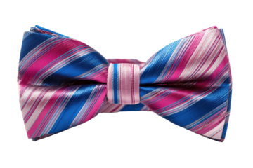 Bright bowtie with blue, pink, and purple stripes isolated on transparent