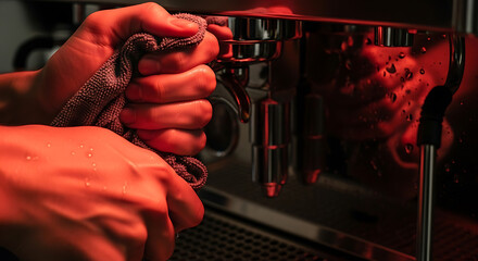Barista's hands cleaning a professional espresso coffee machine with a cloth, illuminated by warm, ambient light.