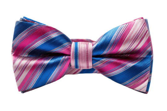 Bright bowtie with blue, pink, and purple stripes isolated on transparent