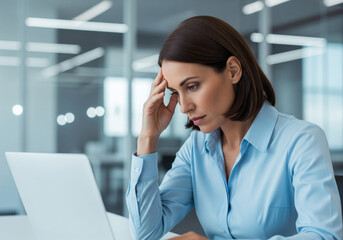 Stressed businesswoman feeling overwhelmed while working on laptop in modern office.